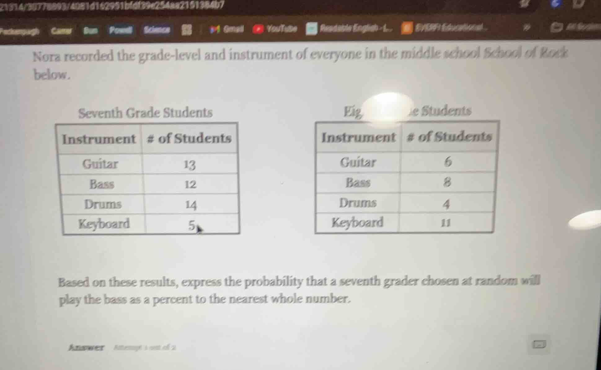 nora recorded the grade - level and instrument of everyone in the middl…
