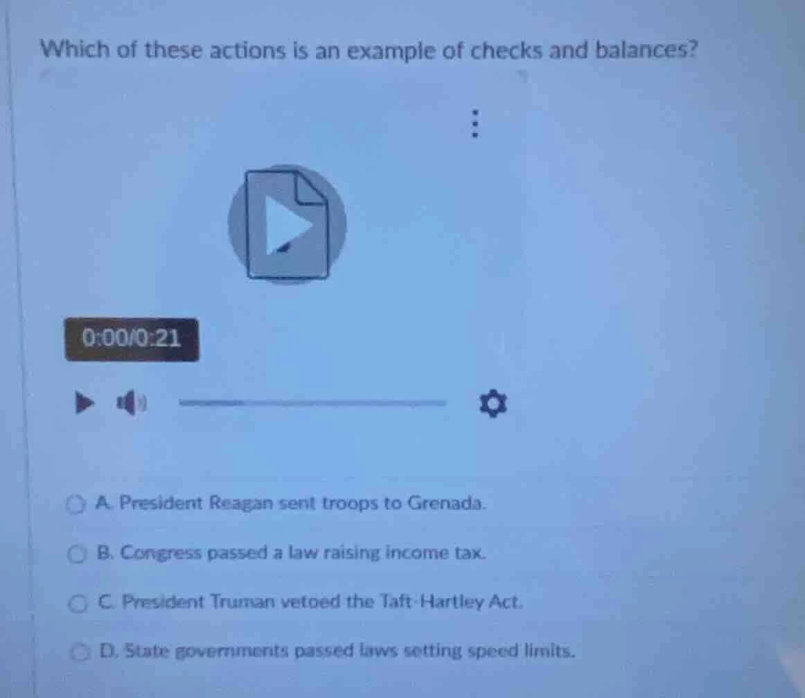 which of these actions is an example of checks and balances? a. preside…