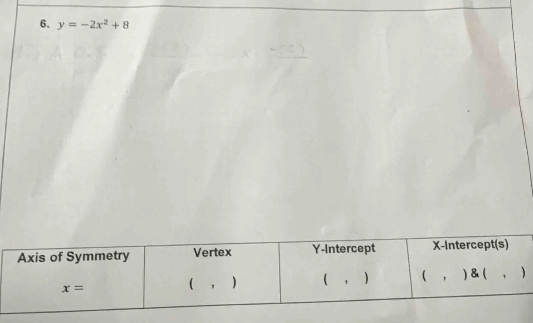 6. $y = -2x^2 + 8$ | axis of symmetry $x =$ | vertex $($ , $)$ | y-inte…