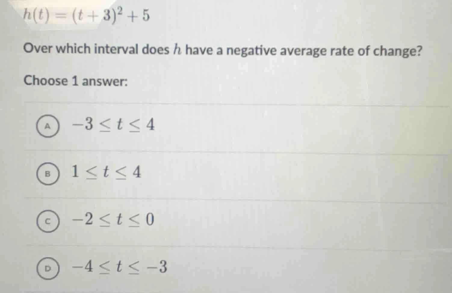 h(t) = (t + 3)^2 + 5 over which interval does h have a negative average…