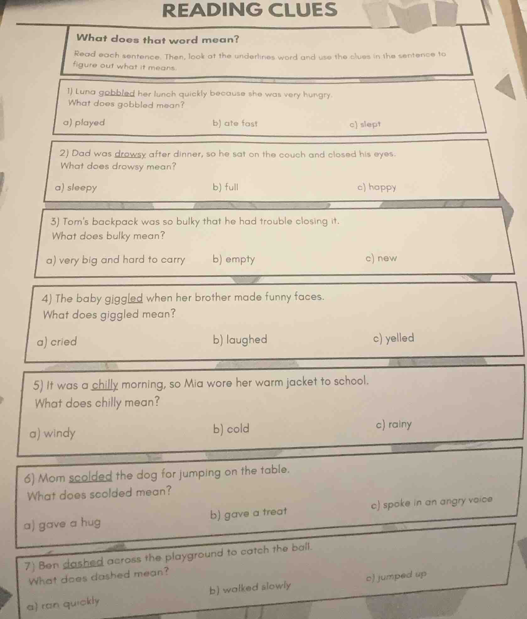 reading clues what does that word mean? read each sentence. then, look …