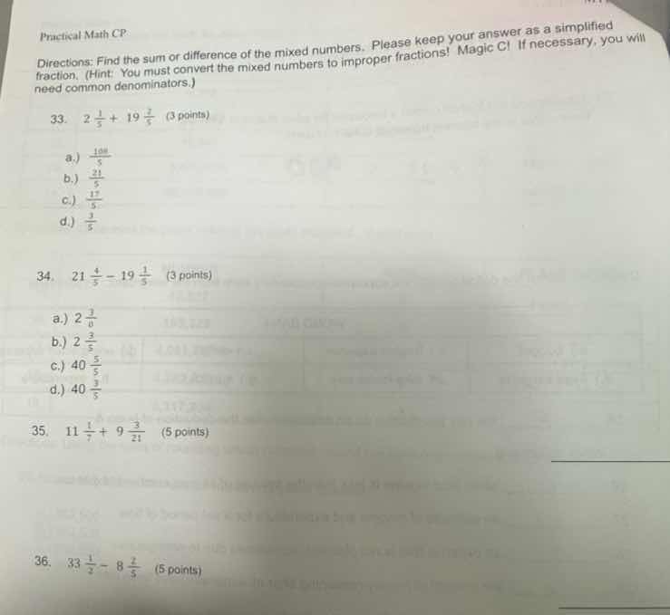 practical math cp directions: find the sum or difference of the mixed n…