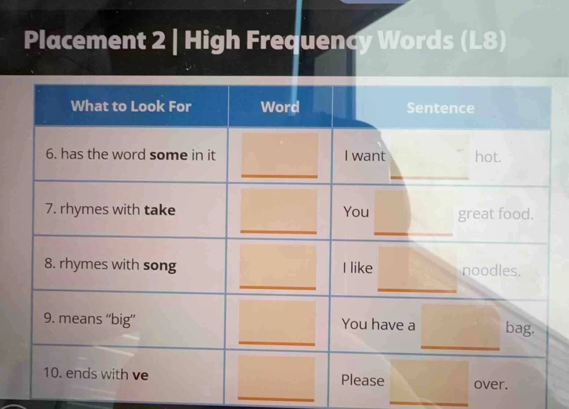 placement 2 | high frequency words (l8) what to look for | word | sente…