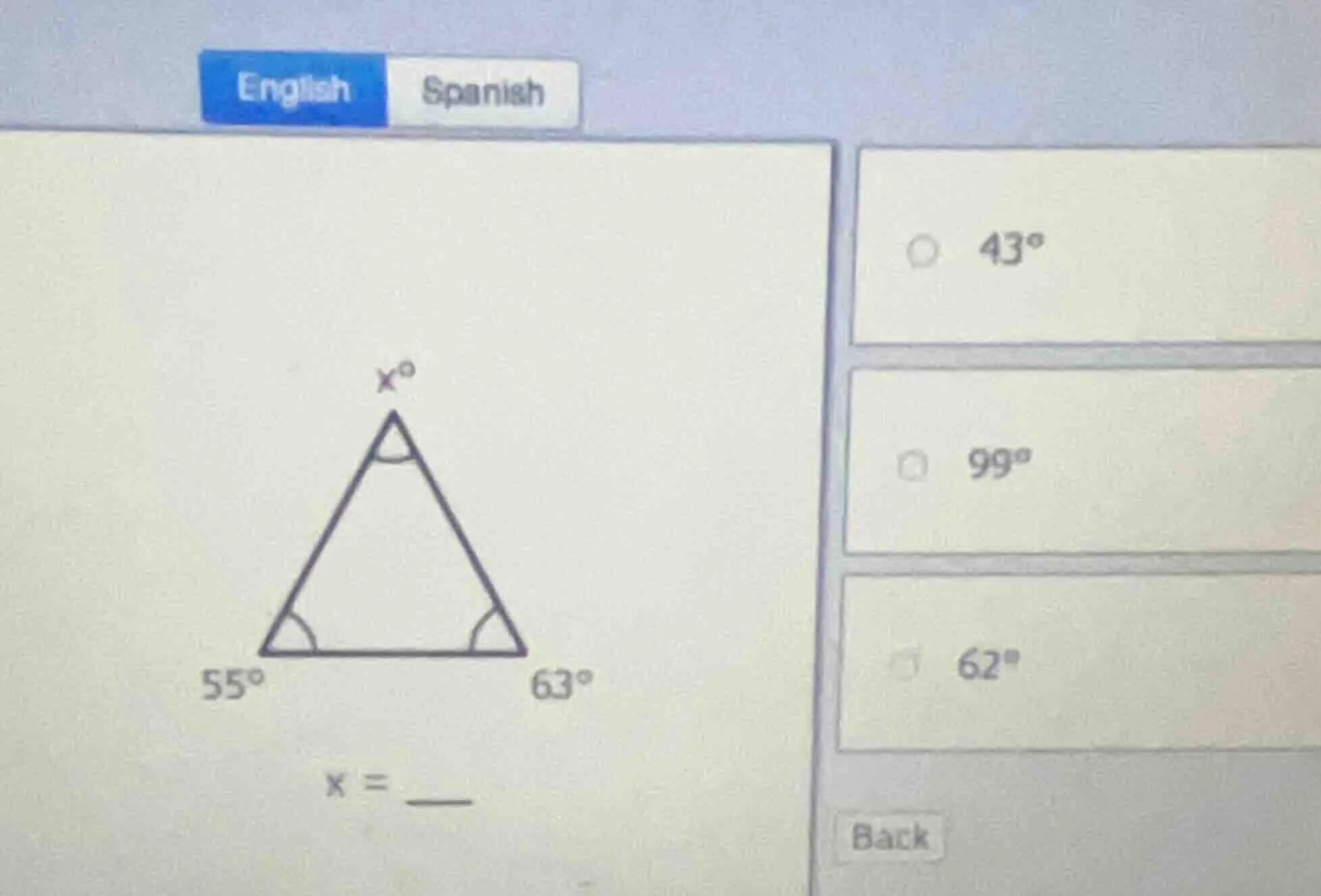 find the value of x in the triangle. the triangle has angles 55°, 63°, …