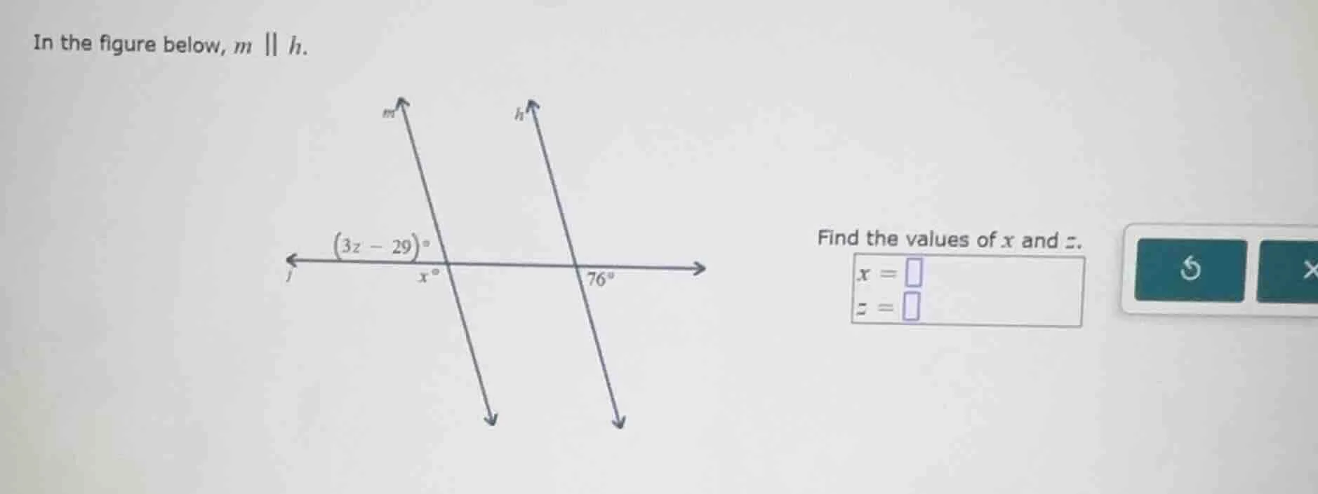 in the figure below, m || h. find the values of x and z. (3z - 29)° x° …