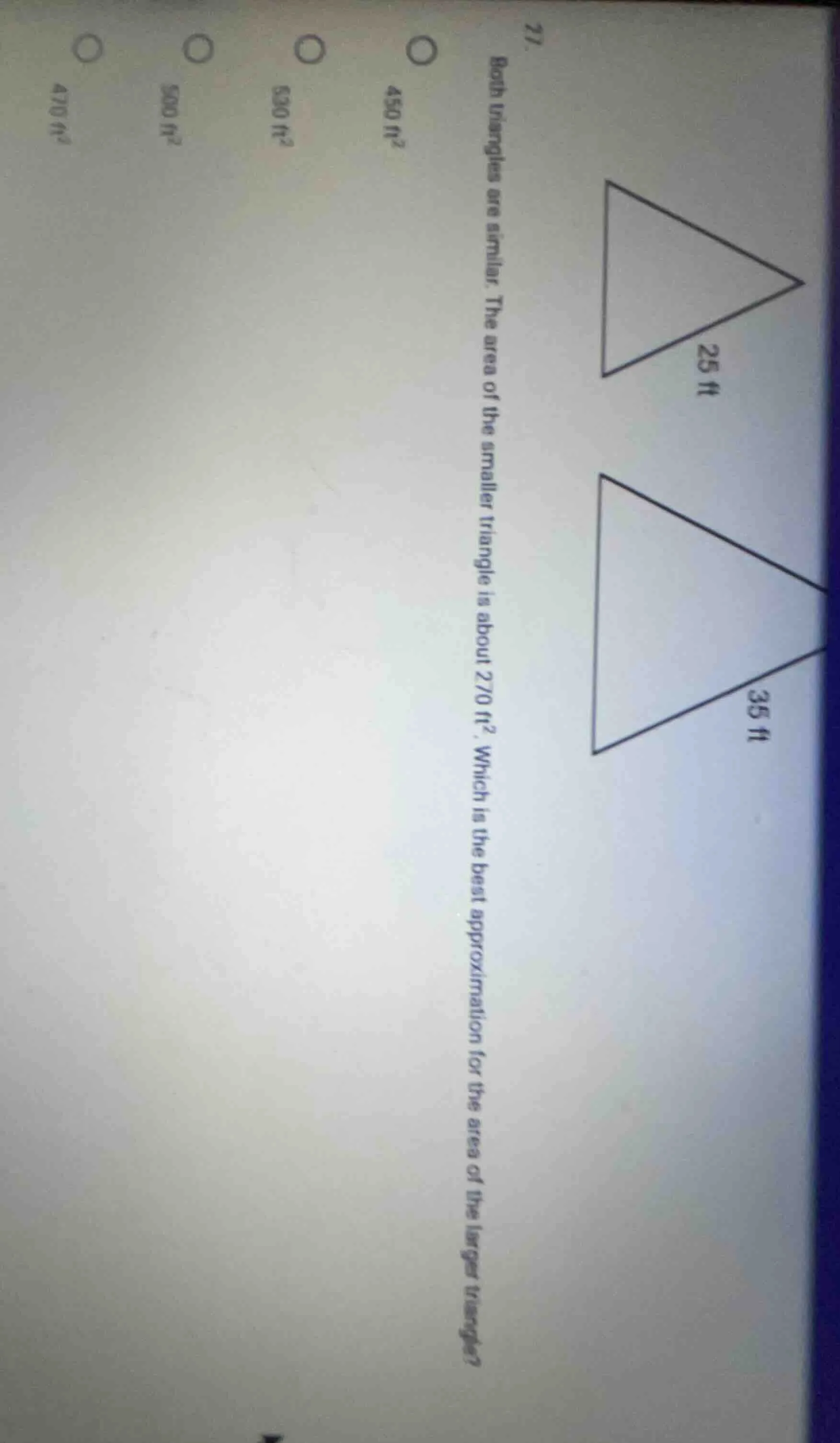 27. both triangles are similar. the area of the smaller triangle is abo…