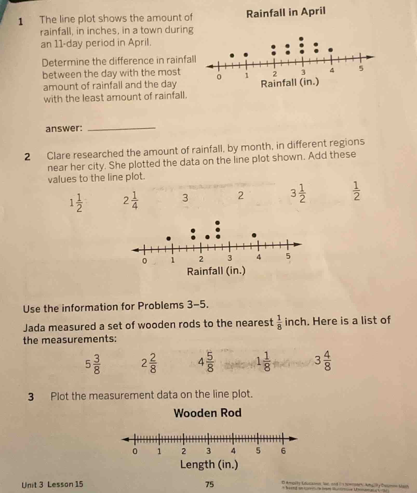 1 the line plot shows the amount of rainfall, in inches, in a town duri…