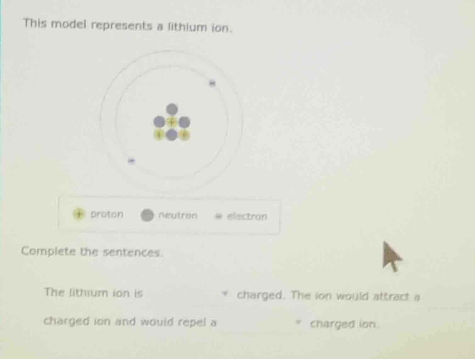 this model represents a lithium ion. complete the sentences. the lithiu…