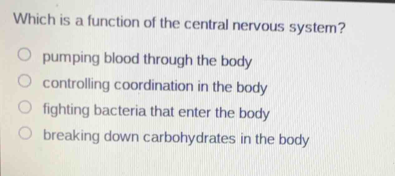 which is a function of the central nervous system? pumping blood throug…