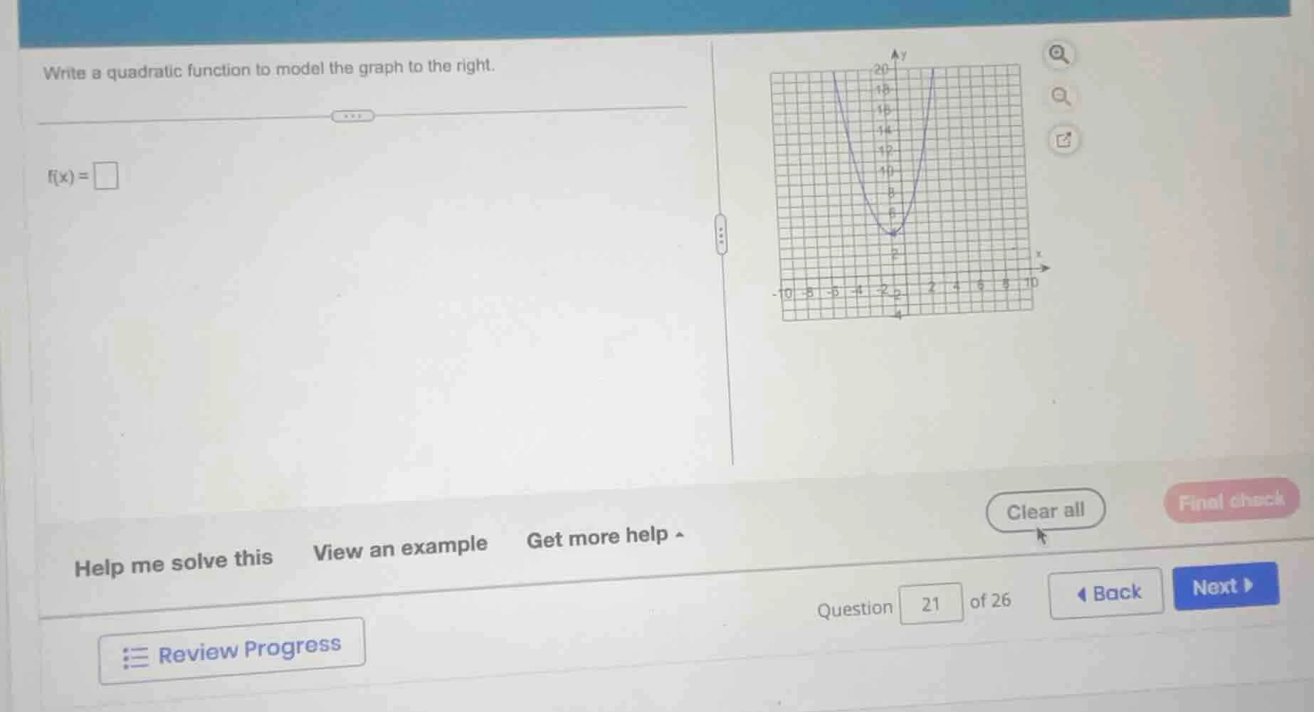 write a quadratic function to model the graph to the right. f(x) = \\sq…