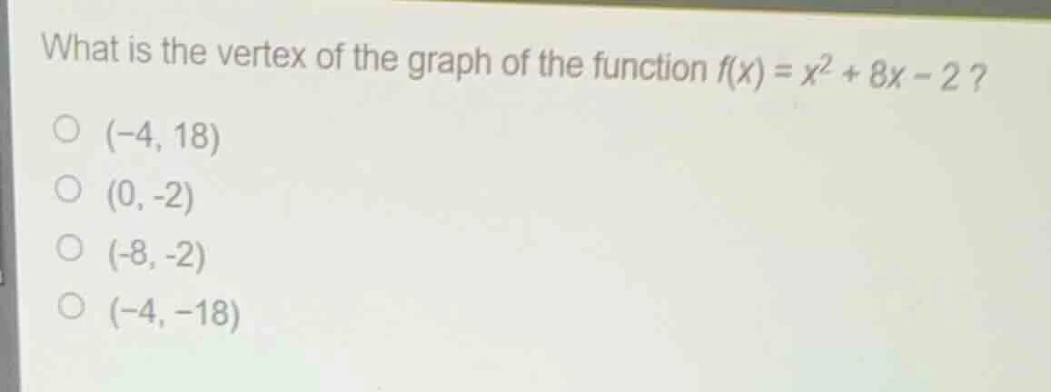 what is the vertex of the graph of the function $f(x) = x^2 + 8x - 2$? …