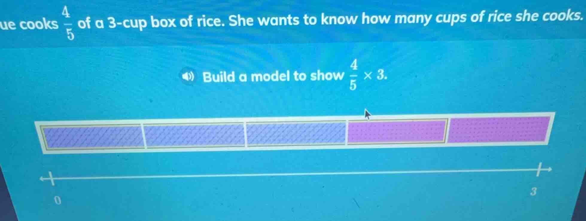 ue cooks \\(\\frac{4}{5}\\) of a 3 - cup box of rice. she wants to know…