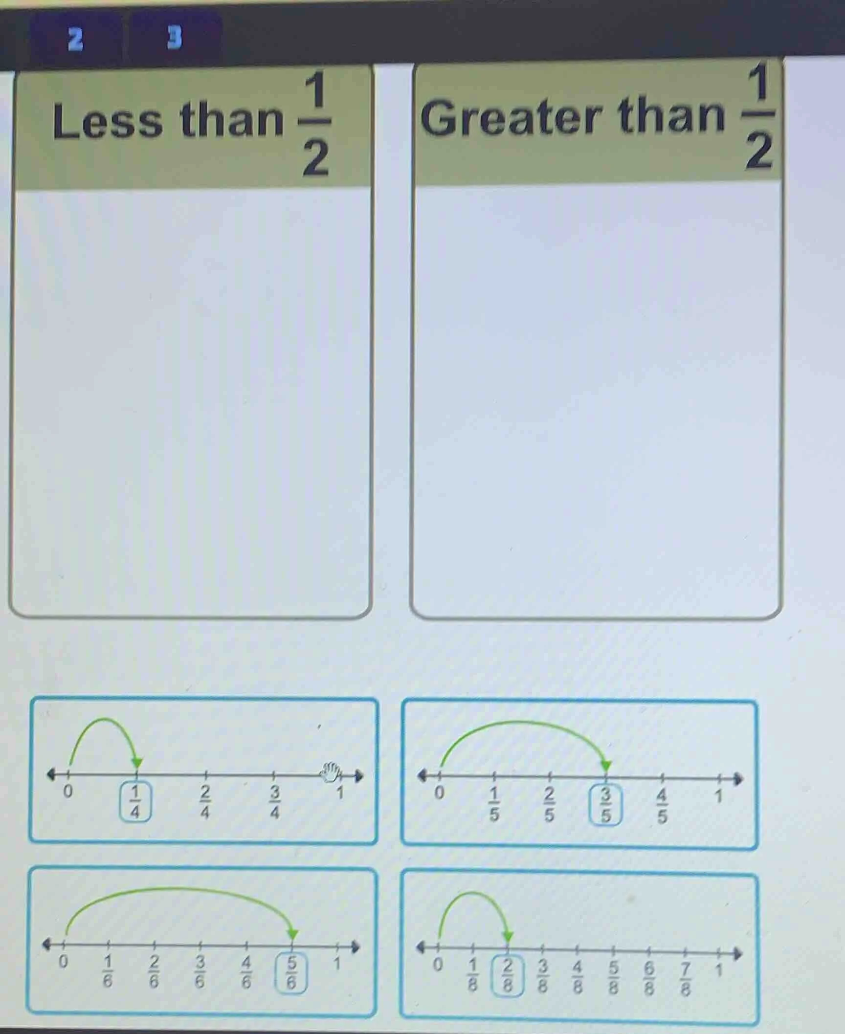 less than \\(\frac{1}{2}\\) greater than \\(\frac{1}{2}\\) \\(\frac{1}{…