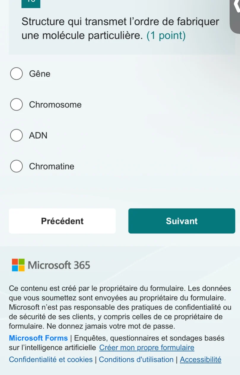structure qui transmet l’ordre de fabriquer une molécule particulière. …