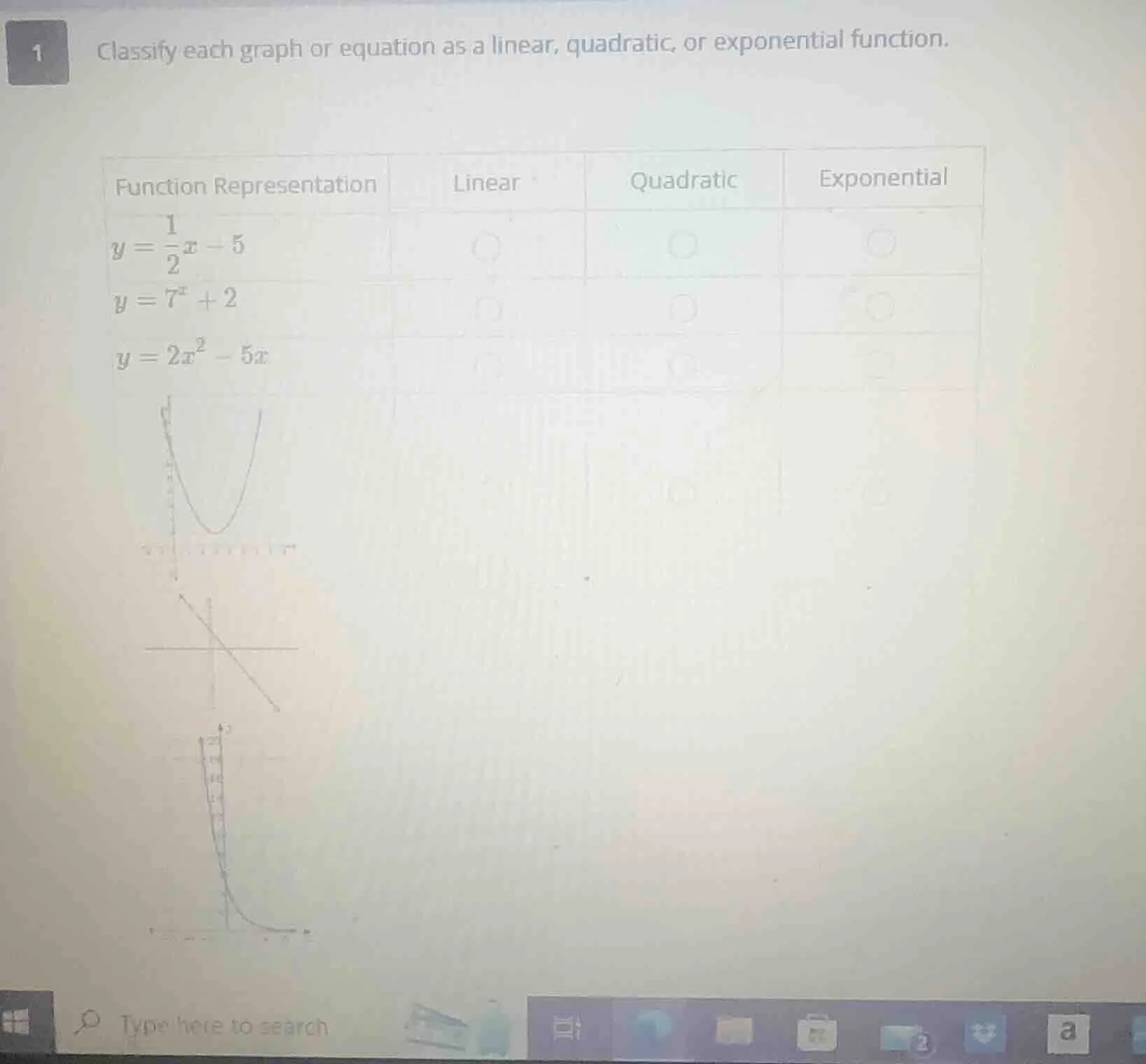 1 classify each graph or equation as a linear, quadratic, or exponentia…