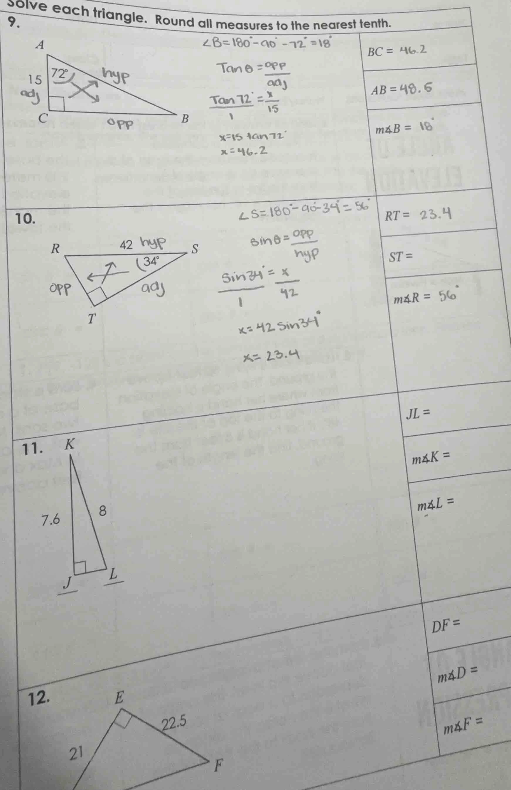 solve each triangle. round all measures to the nearest tenth. 9. triang…