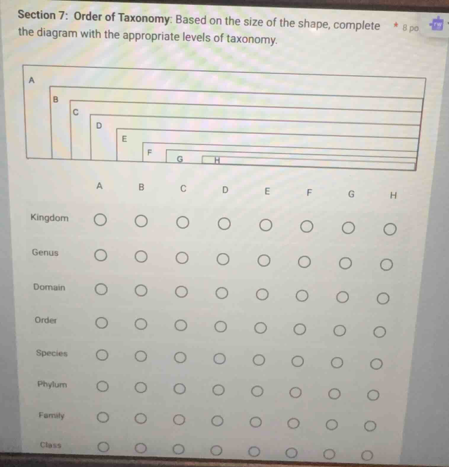 section 7: order of taxonomy: based on the size of the shape, complete …