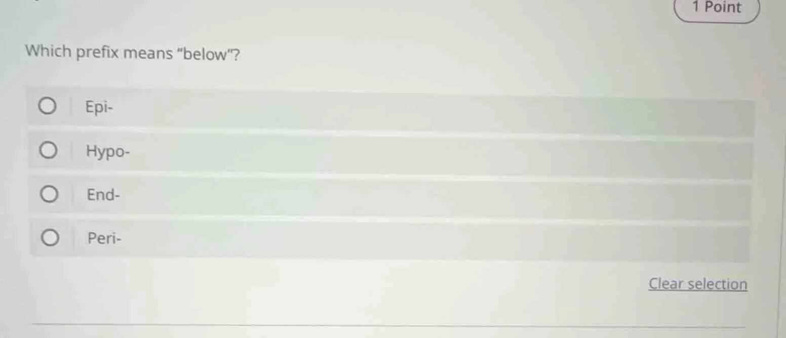 which prefix means \below\? ○ epi- ○ hypo- ○ end- ○ peri-