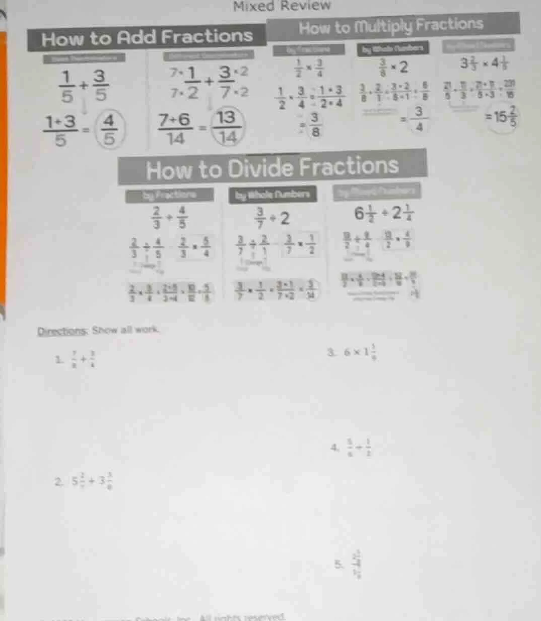mixed review how to add fractions how to multiply fractions $\frac{1}{5…