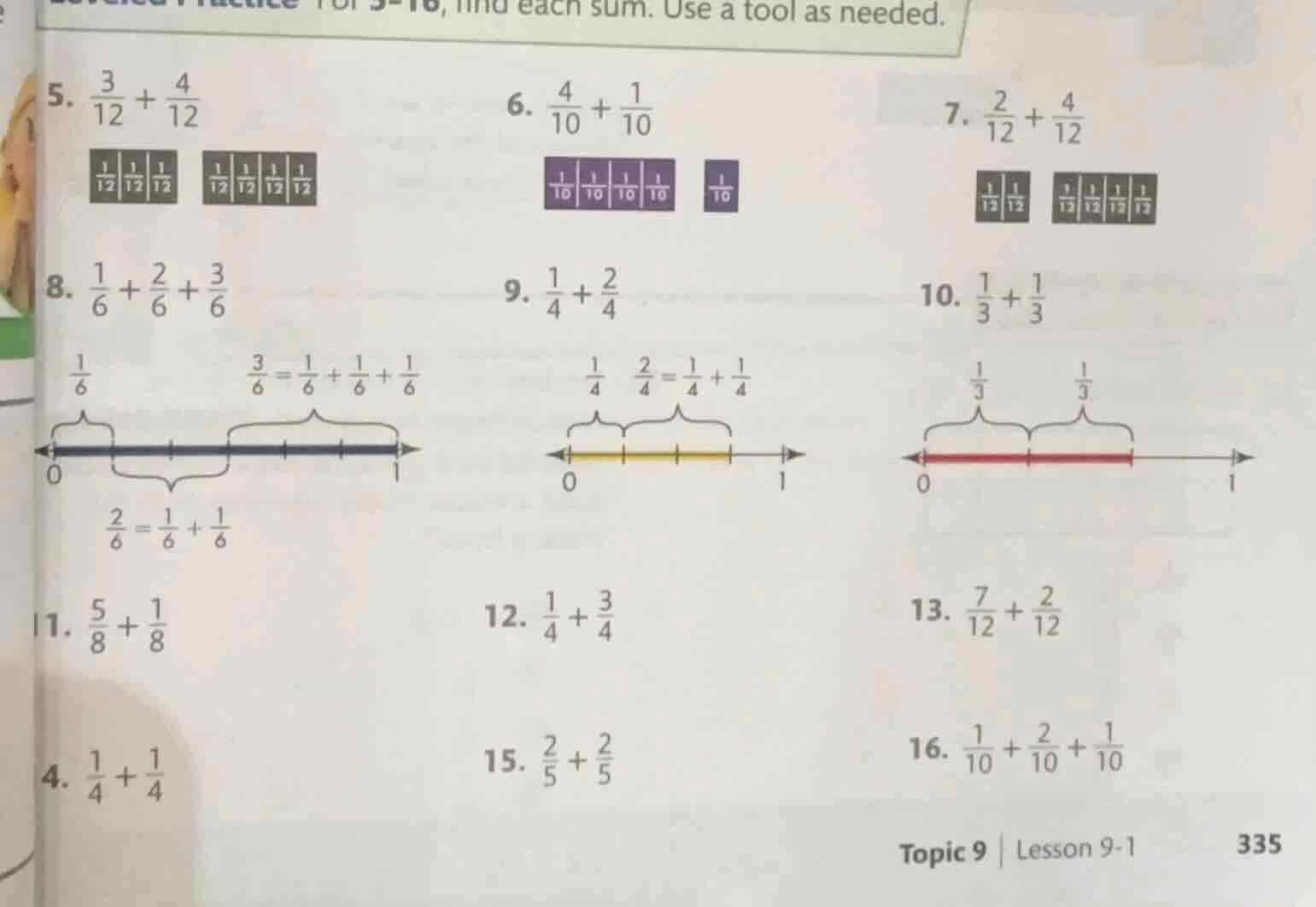 for 5 - 16, find each sum. use a tool as needed. 5. $\frac{3}{12} + \fr…