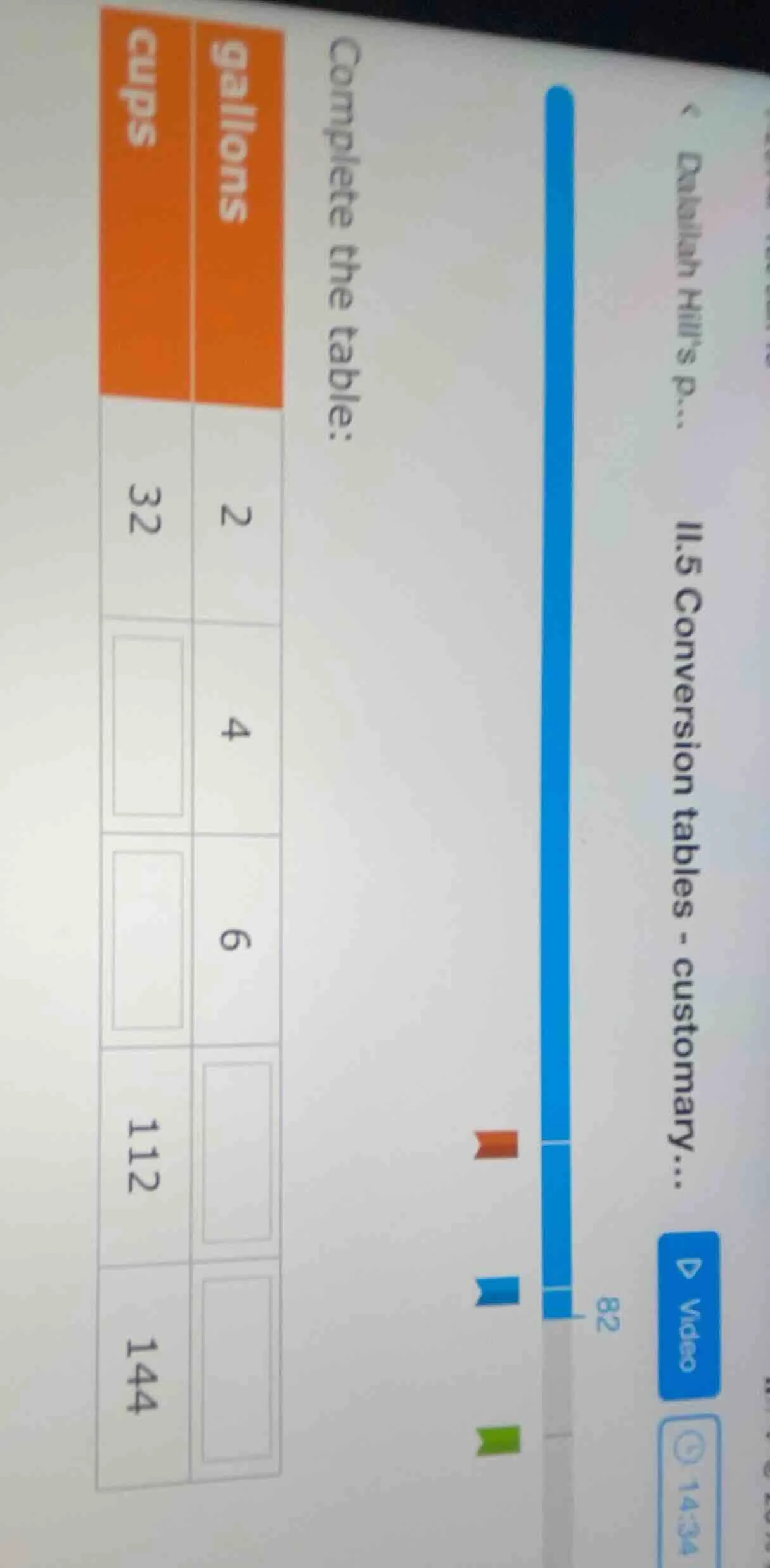 complete the table: gallons cups 2 32 4 6 112 144