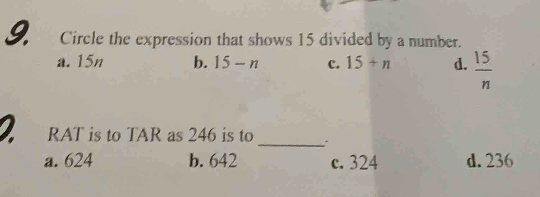 9. circle the expression that shows 15 divided by a number. a. 15n b. 1…