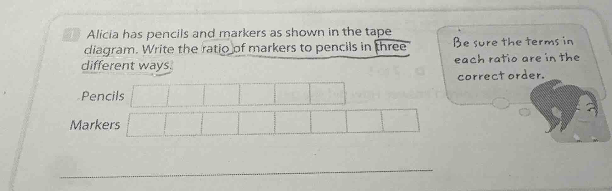alicia has pencils and markers as shown in the tape diagram. write the …