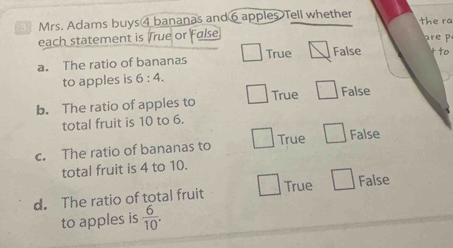 mrs. adams buys 4 bananas and 6 apples. tell whether each statement is …