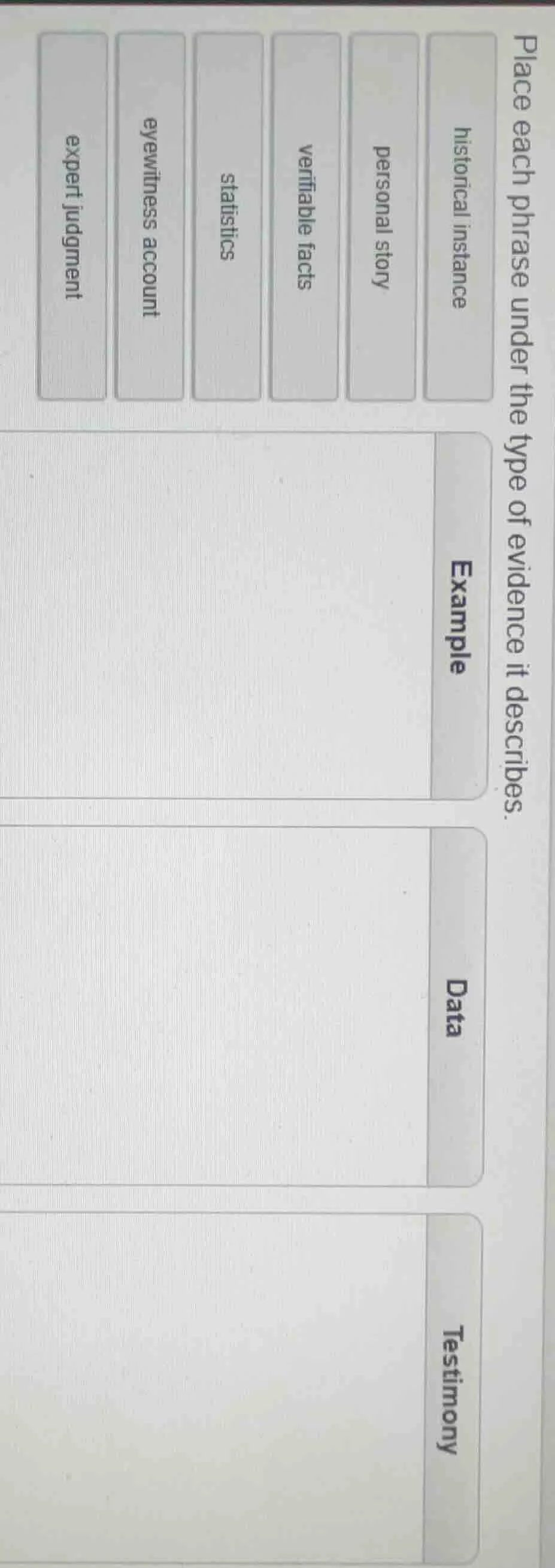 place each phrase under the type of evidence it describes. historical i…