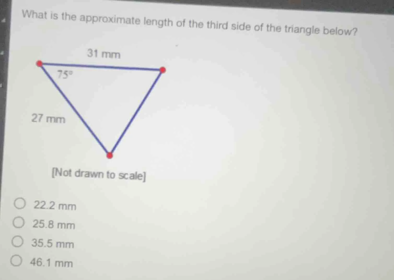 what is the approximate length of the third side of the triangle below?…