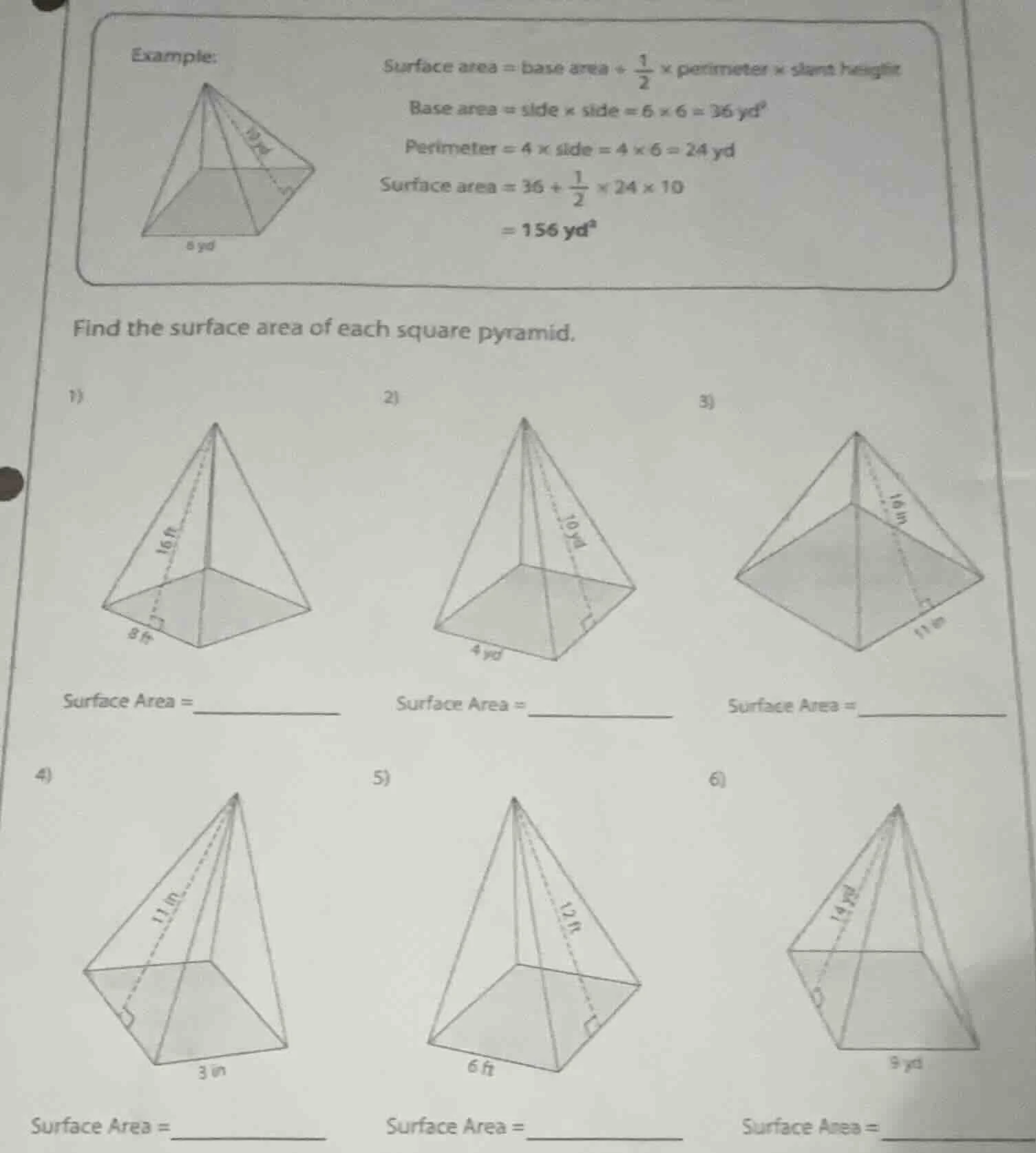 example: surface area = base area + \\(\\frac{1}{2}\\) × perimeter × sl…