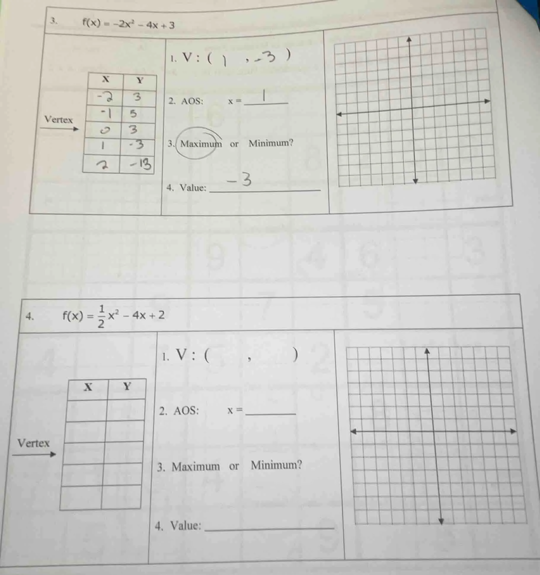 3. $f(x) = -2x^2 - 4x + 3$ | x | y | |----|----| | -2 | 3 | | -1 | 5 | …