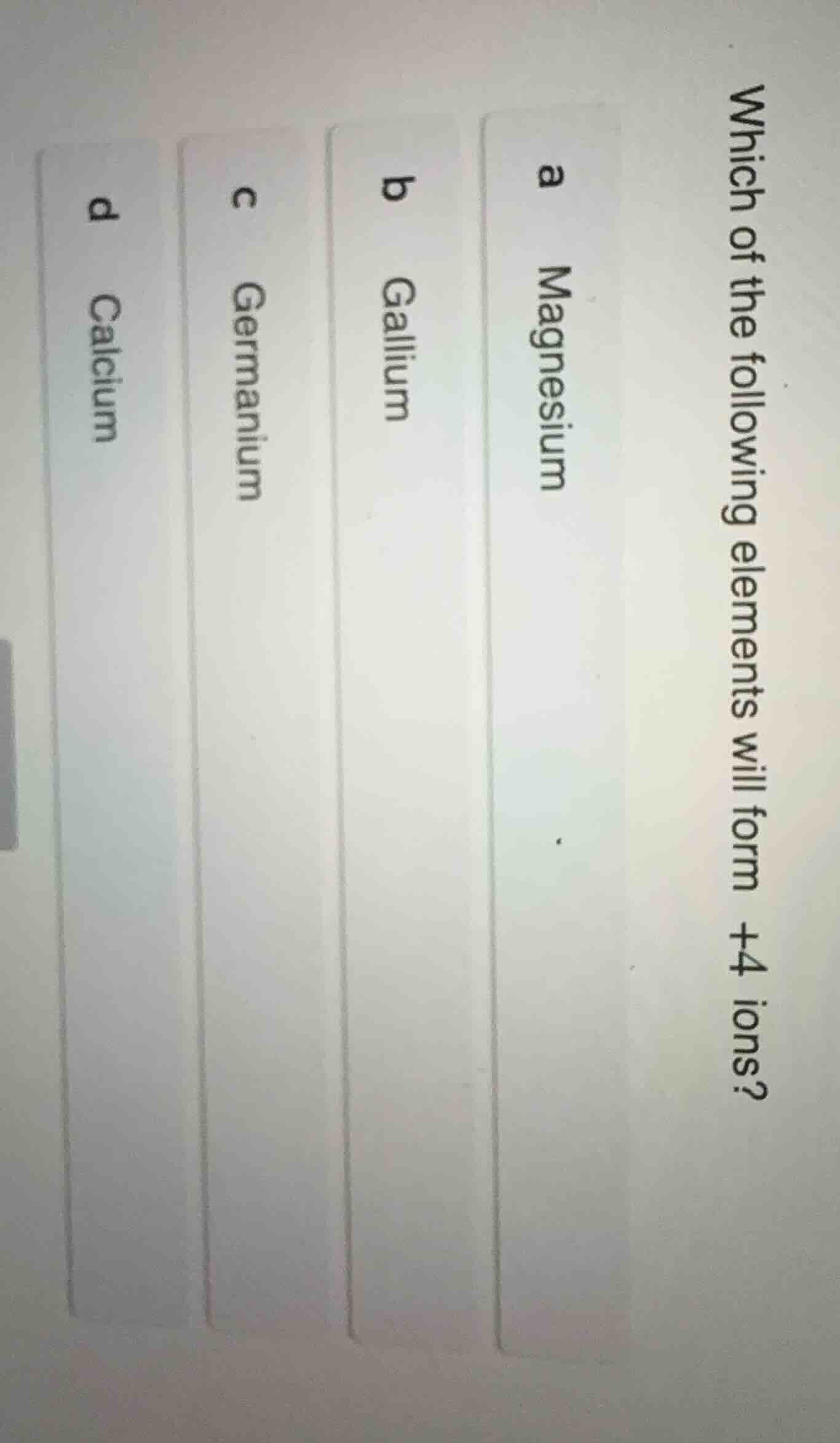 which of the following elements will form +4 ions? a magnesium b galliu…
