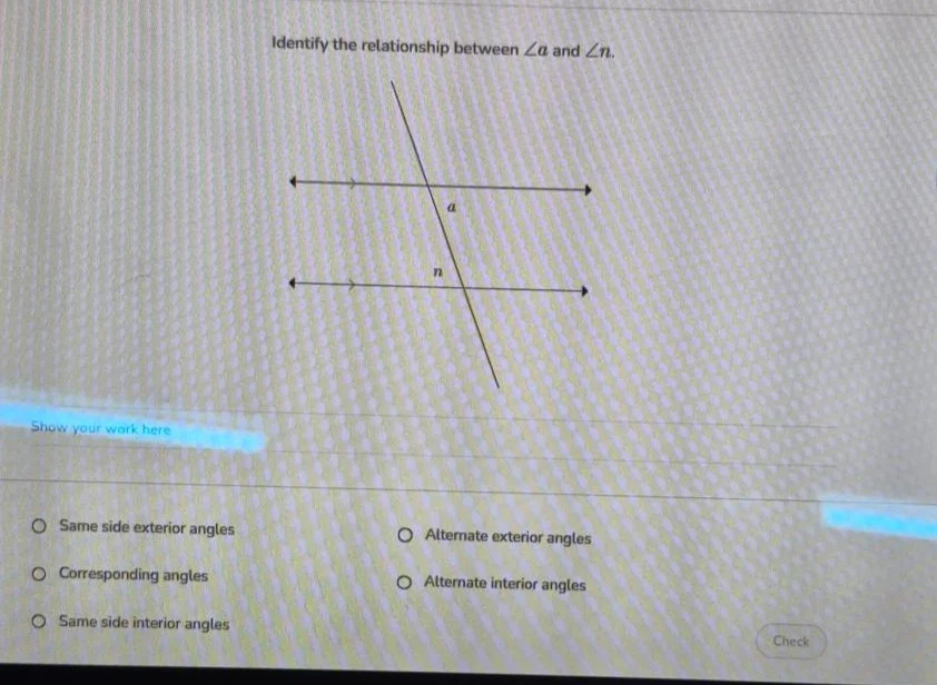 identify the relationship between $\\angle a$ and $\\angle n$. (there i…