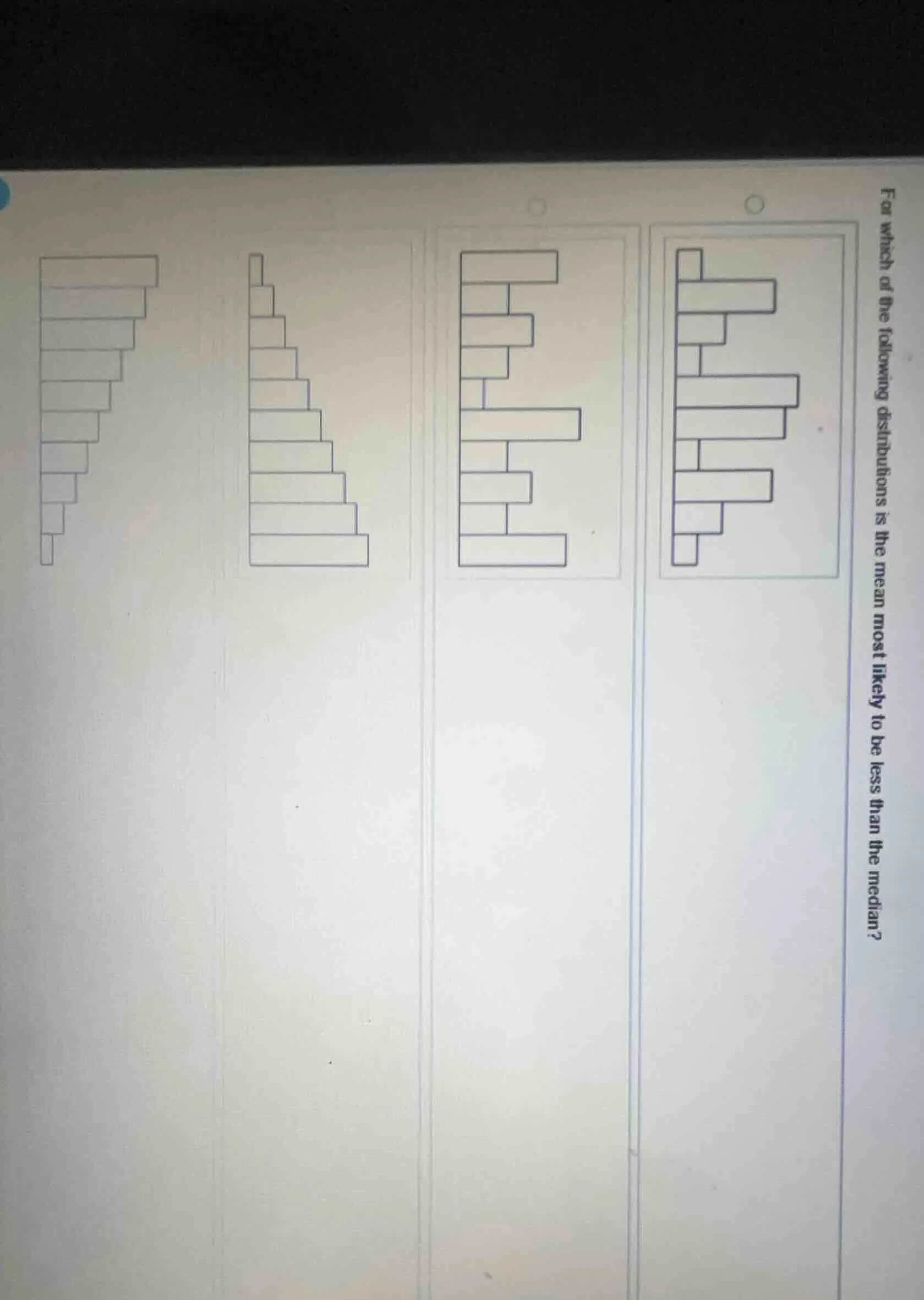for which of the following distributions is the mean most likely to be …