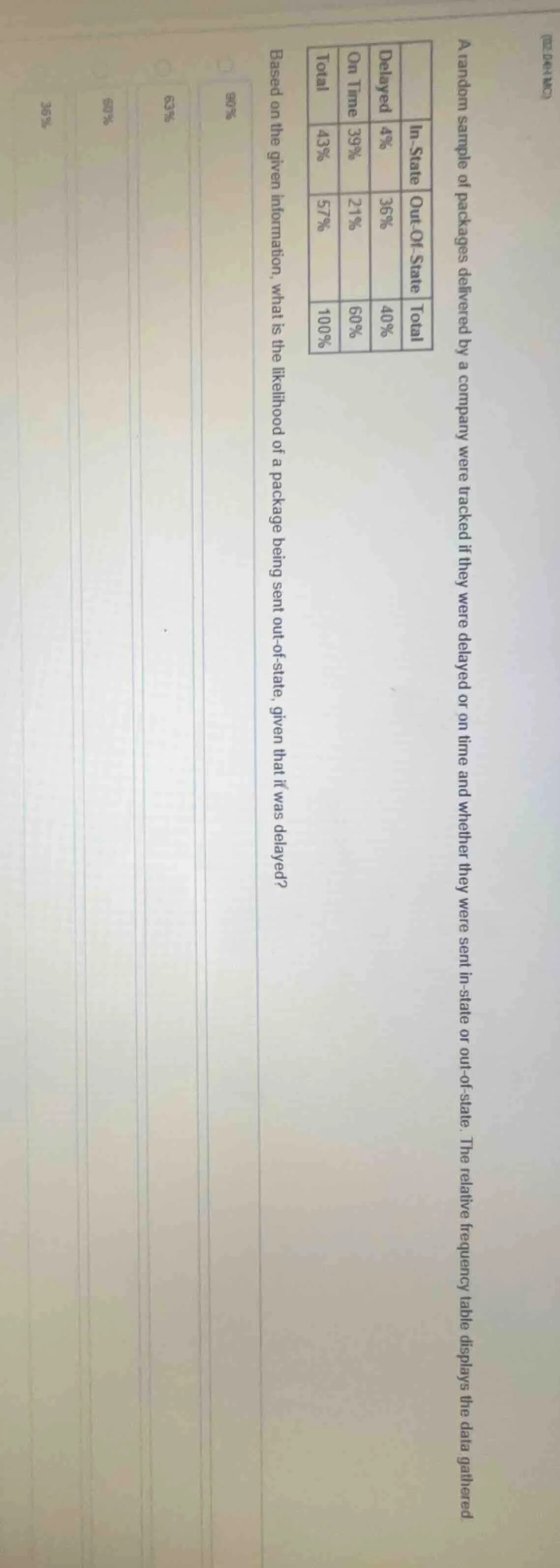 a random sample of packages delivered by a company were tracked if they…