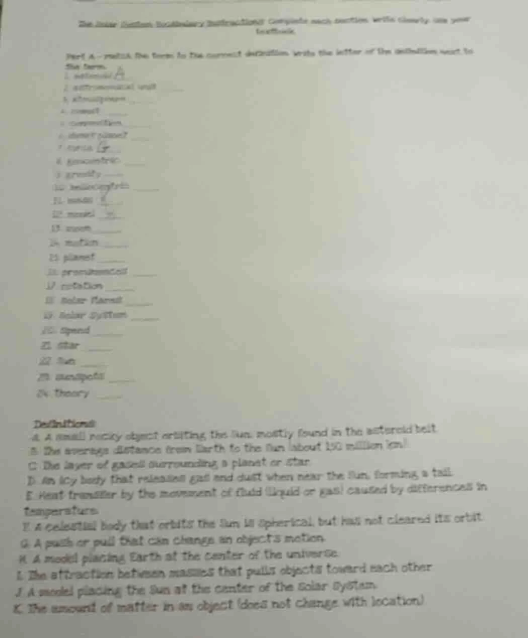 the inner solar system vocabulary directions: complete each section wit…