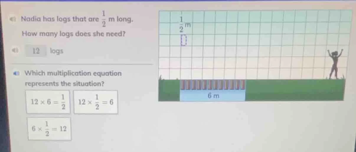 nadia has logs that are $\frac{1}{2}$ m long. how many logs does she ne…