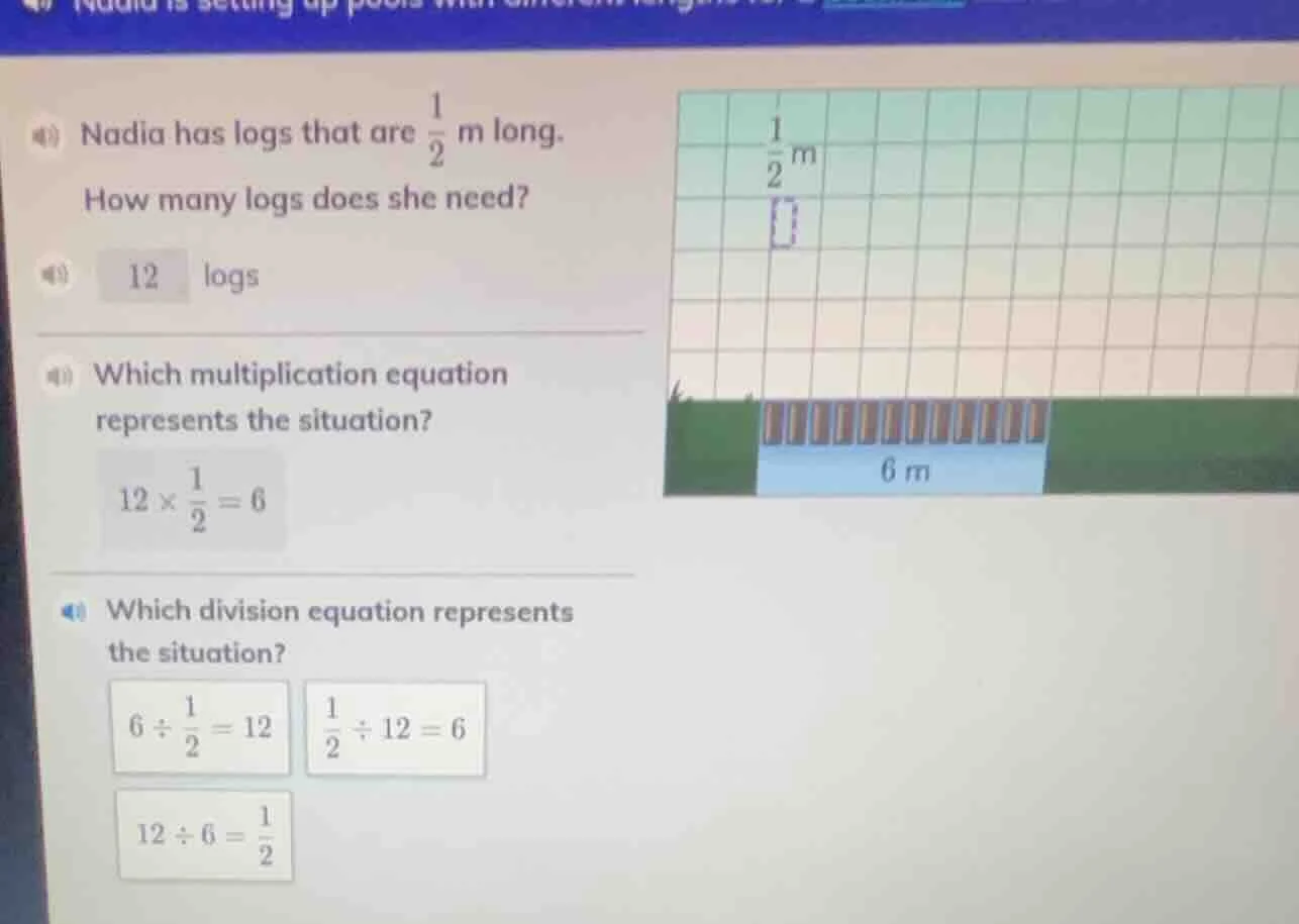 nadia has logs that are $\frac{1}{2}$ m long. how many logs does she ne…