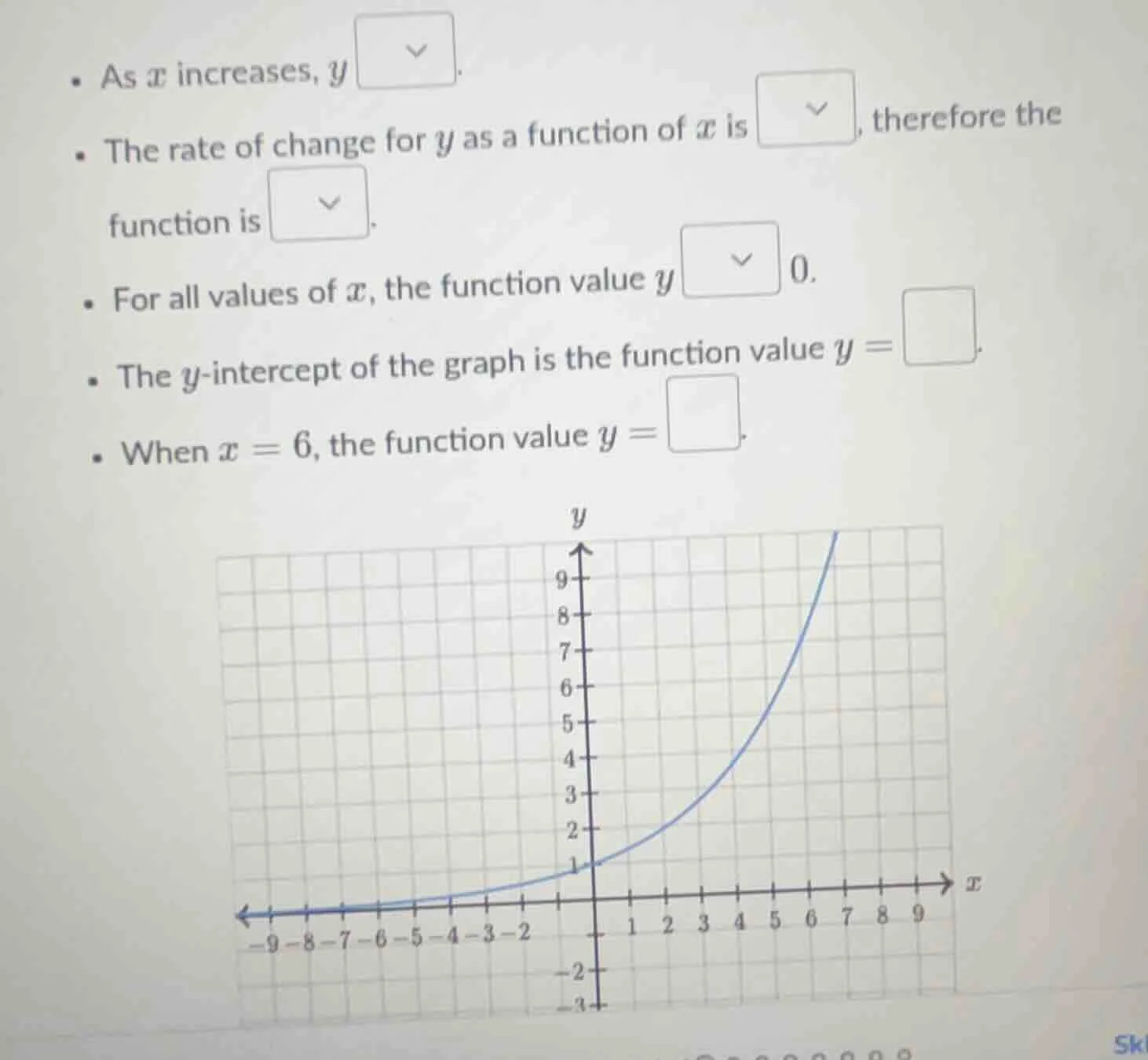 • as ( x ) increases, ( y ) (\boxed{quad}). • the rate of change for ( …