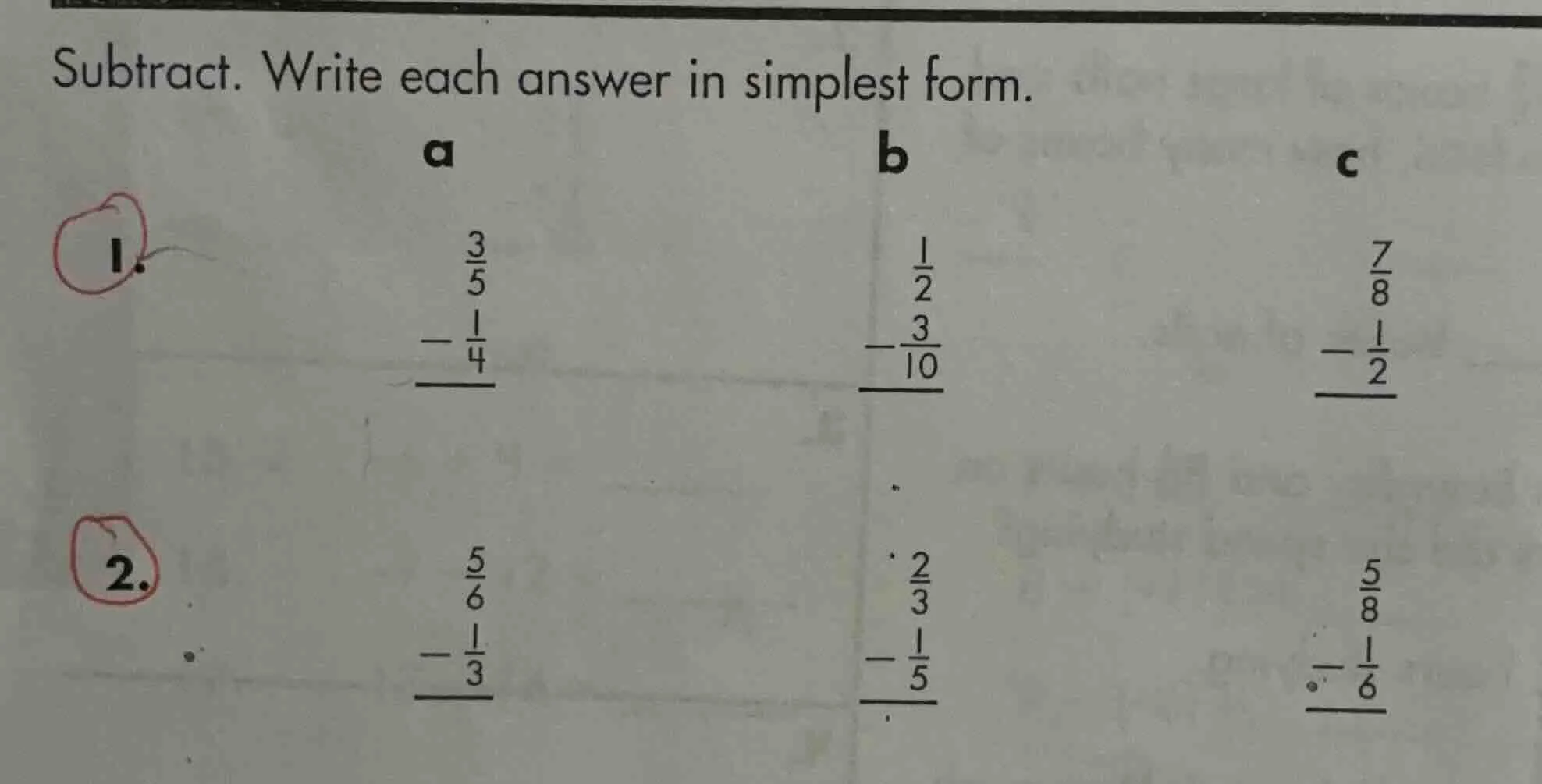 subtract. write each answer in simplest form. 1. a \\begin{array}{r} \\…