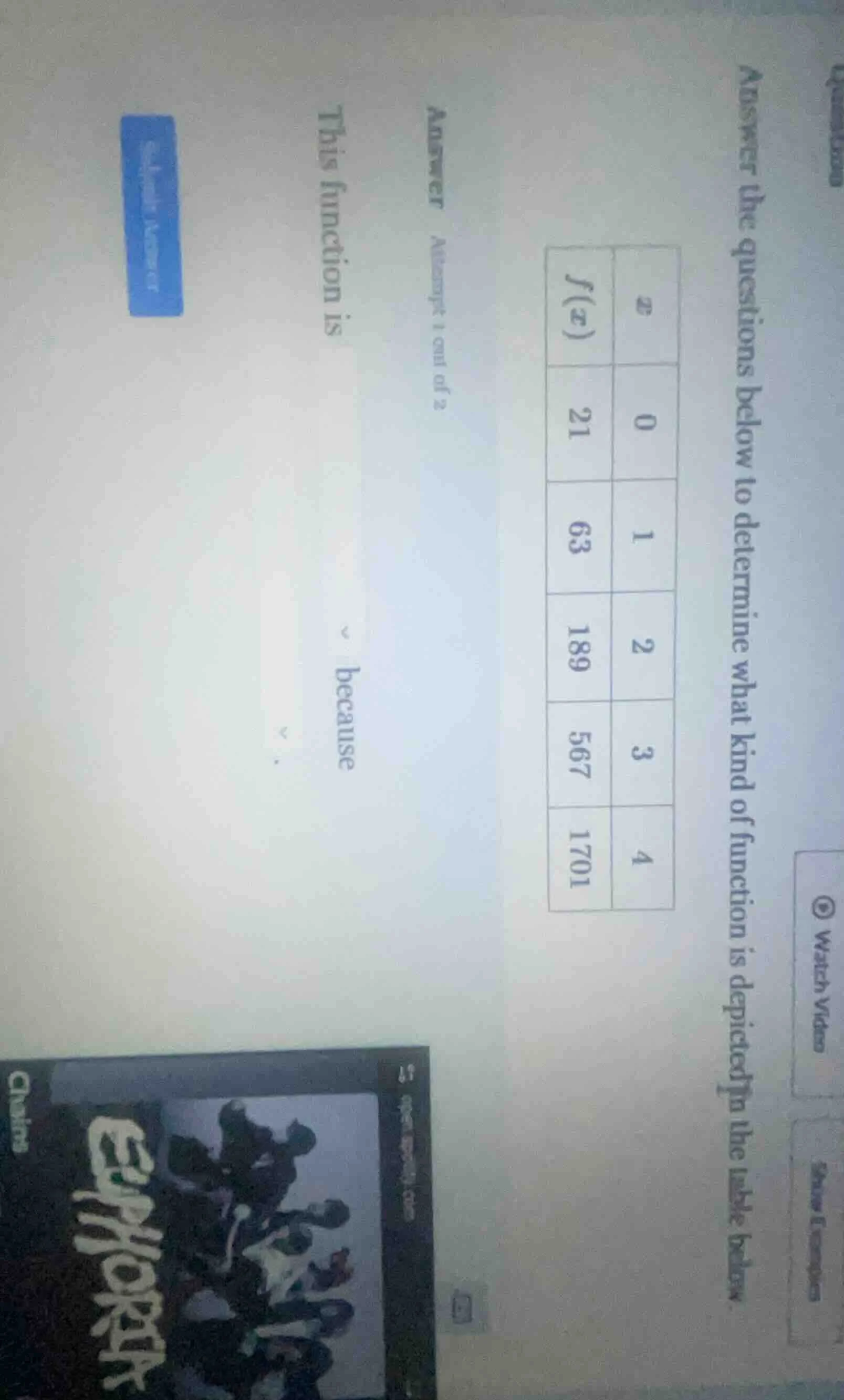 answer the questions below to determine what kind of function is depict…