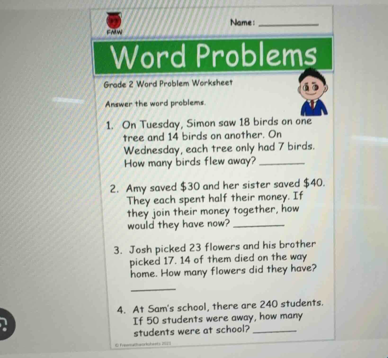name: word problems grade 2 word problem worksheet answer the word prob…
