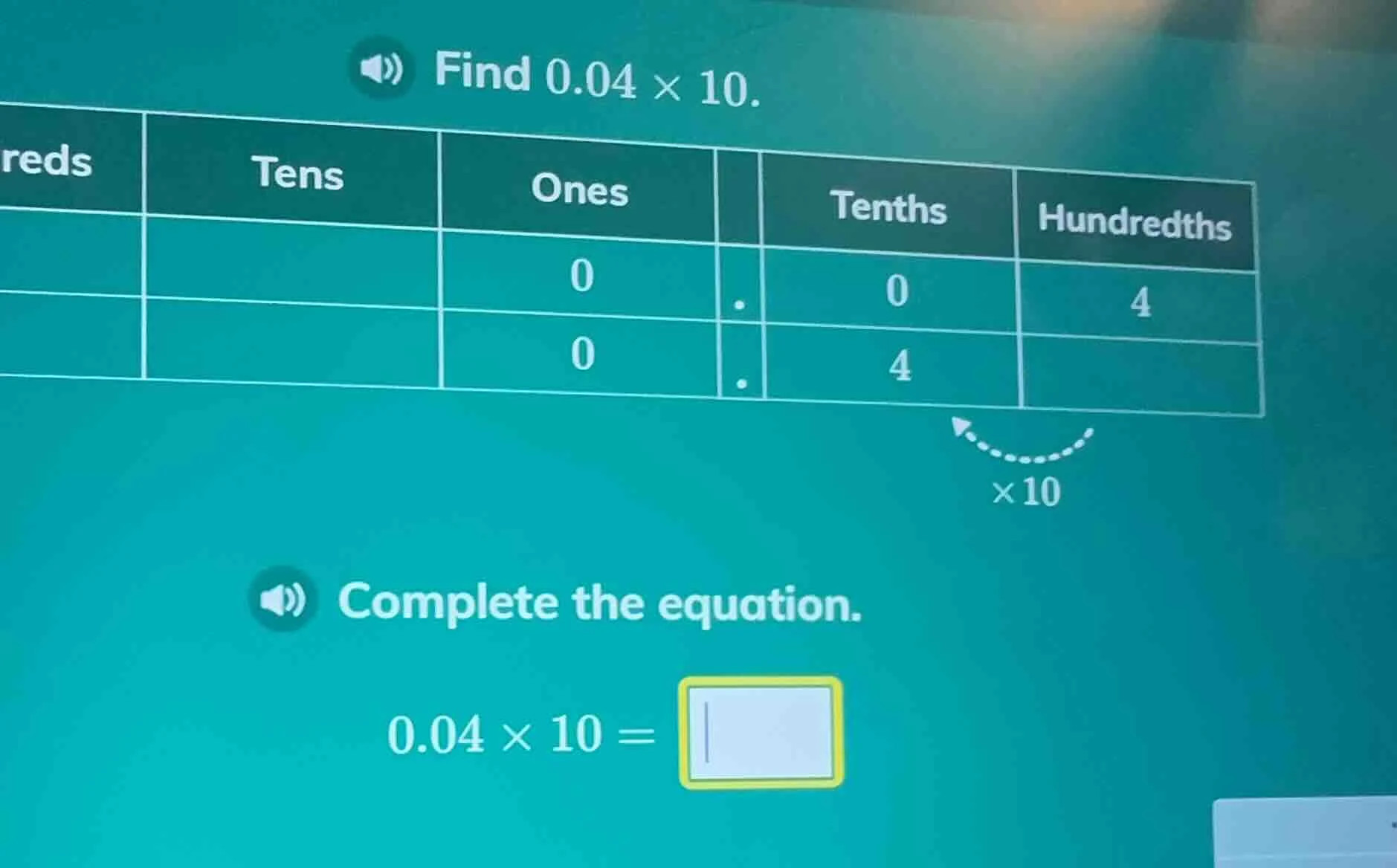 find $0.04 \\times 10$. (chart with columns: tens, ones, tenths, hundre…
