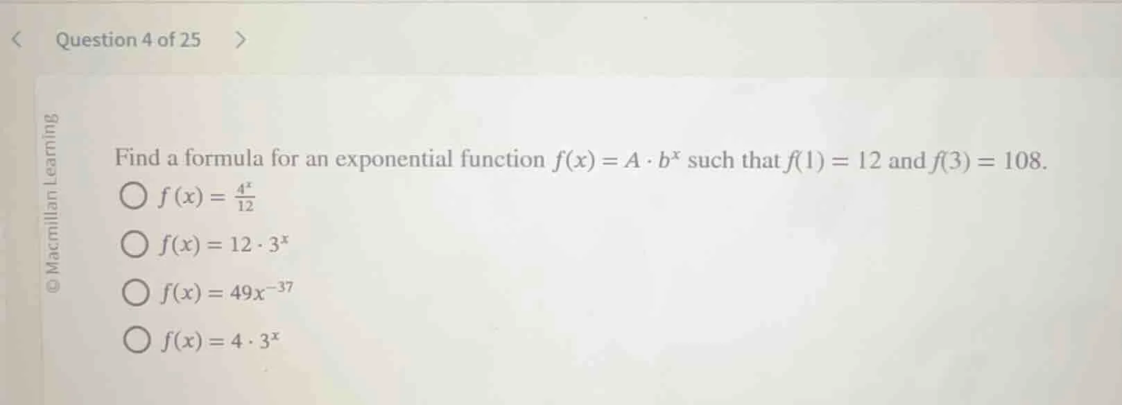 question 4 of 25 find a formula for an exponential function $f(x) = a \…