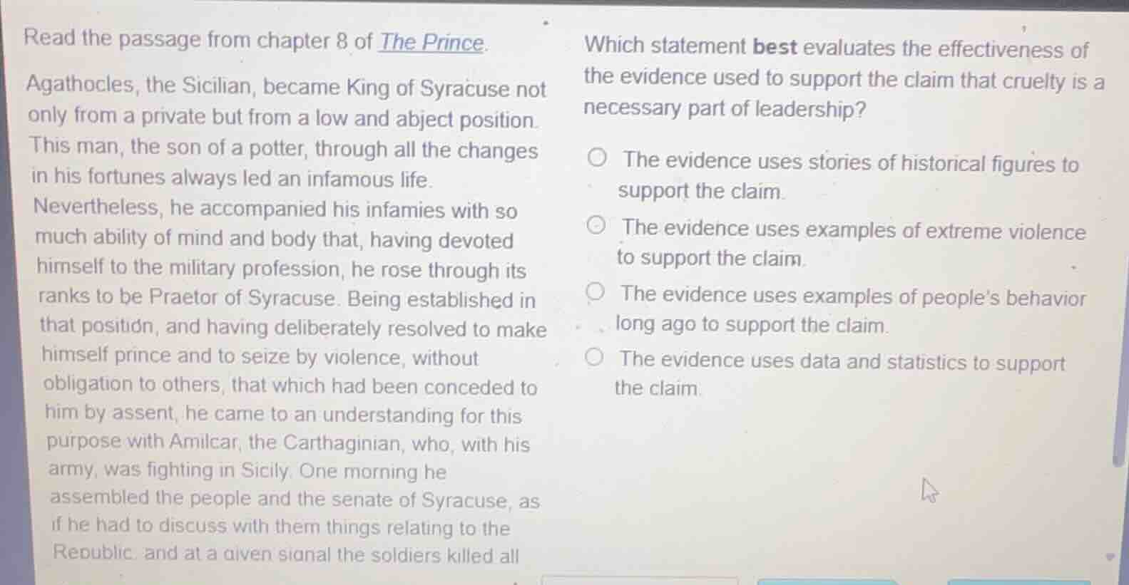 read the passage from chapter 8 of the prince. agathocles, the sicilian…