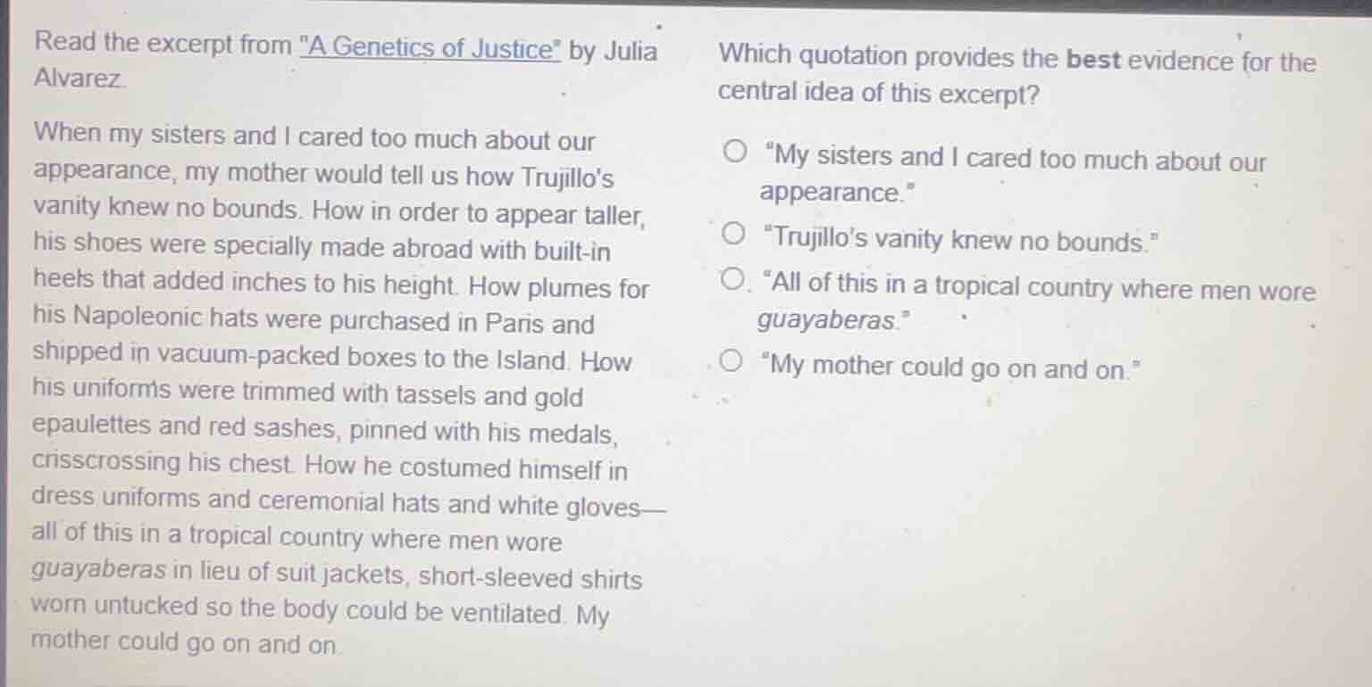 read the excerpt from \a genetics of justice\ by julia alvarez. when my…