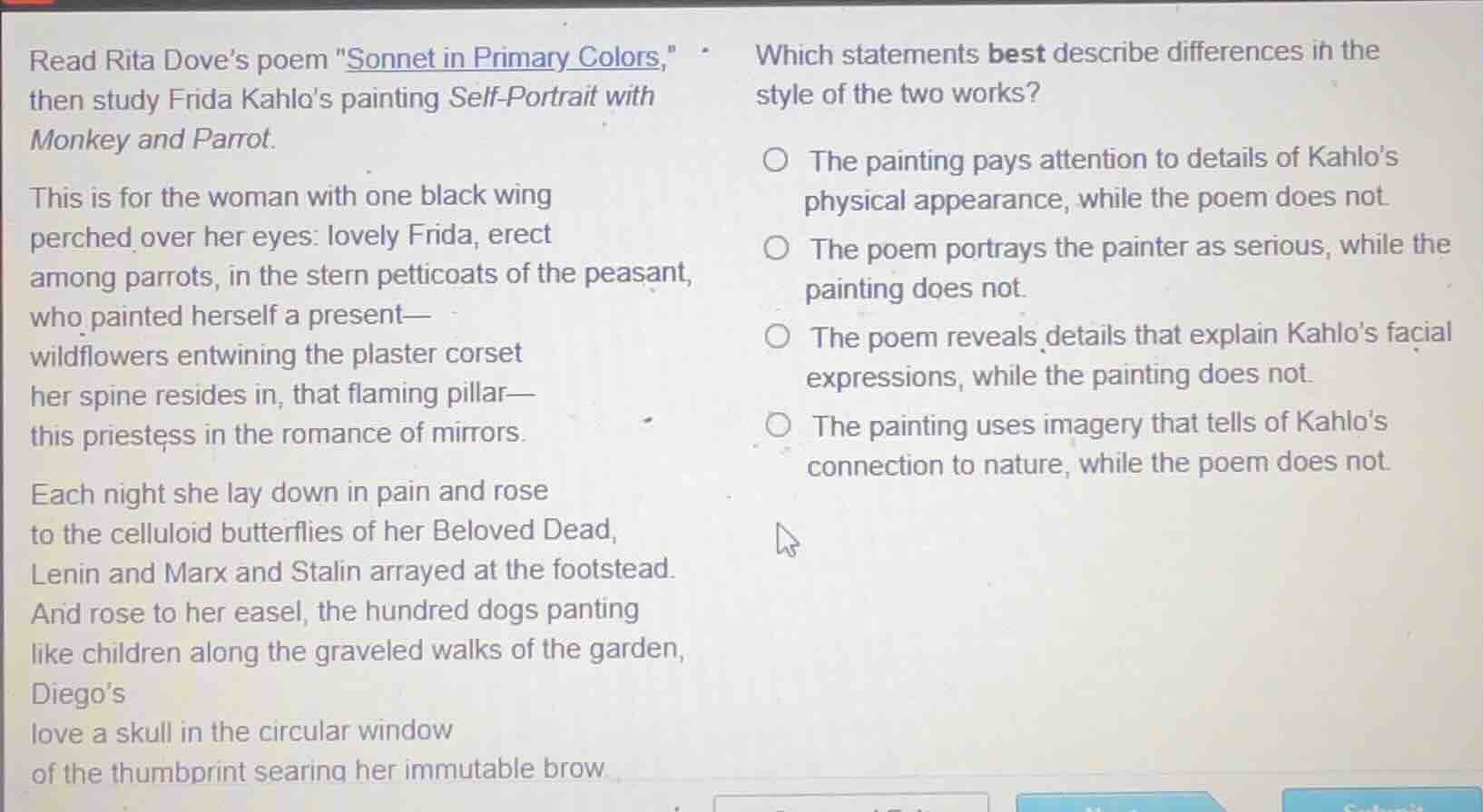 read rita dove’s poem \sonnet in primary colors,\ then study frida kahl…