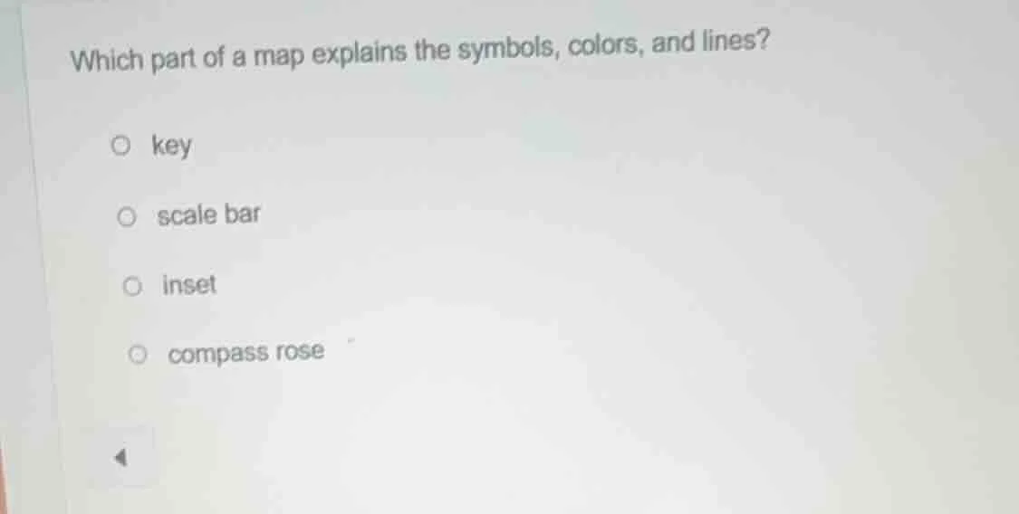 which part of a map explains the symbols, colors, and lines? key scale …