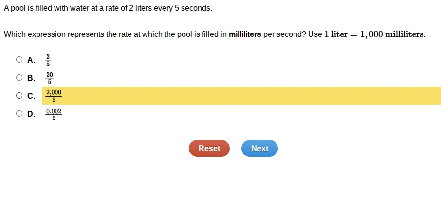 a pool is filled with water at a rate of 2 liters every 5 seconds. whic…